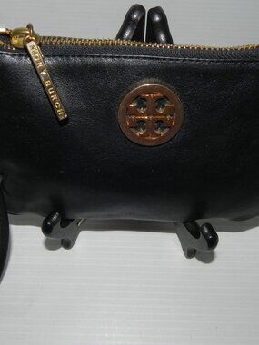Tori Burch Black Leather Zip Clutch Wristlet Bag